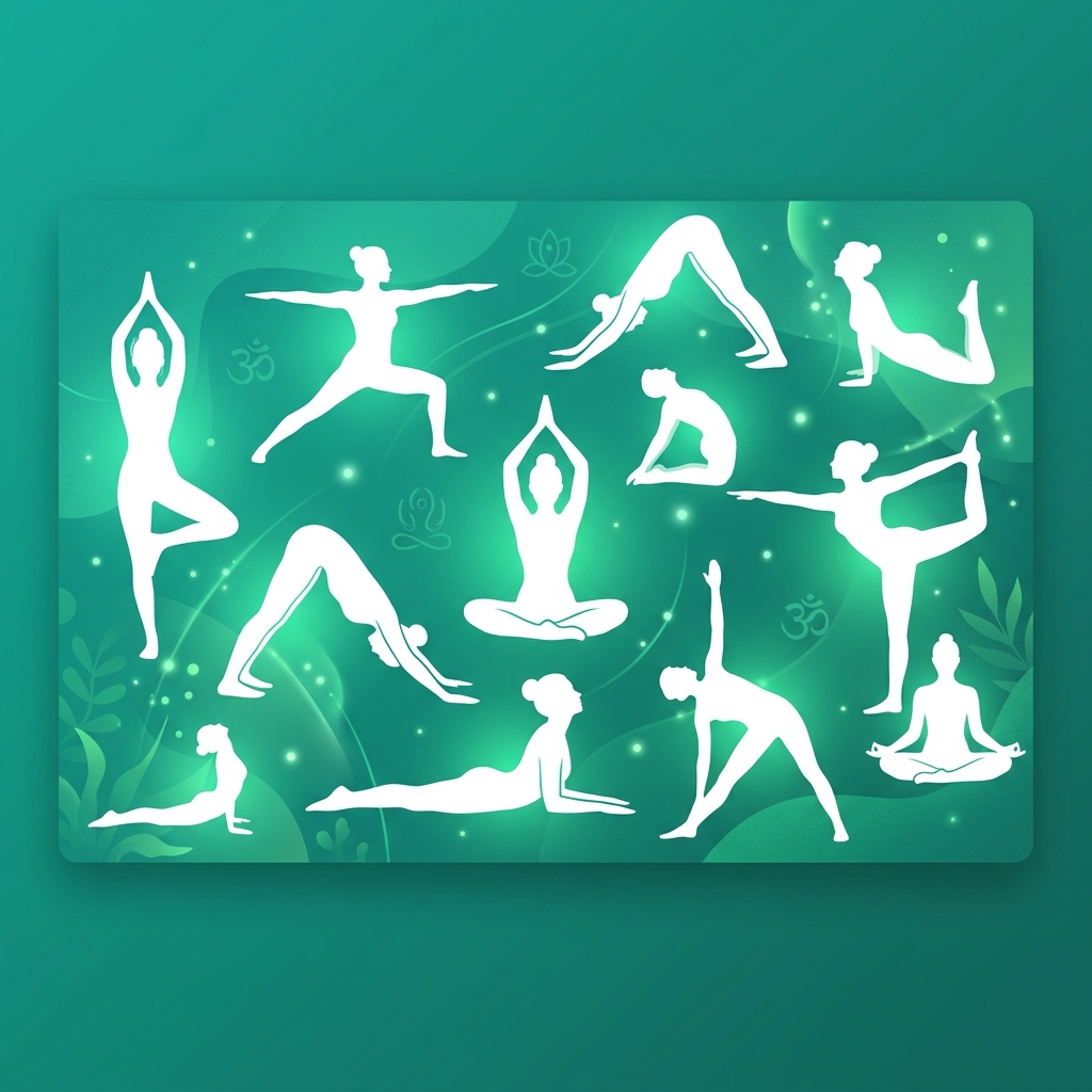 Yoga poses silhouettes on teal background