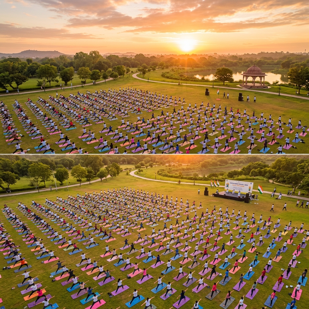 Hundreds of people practicing yoga outdoors at sunrise